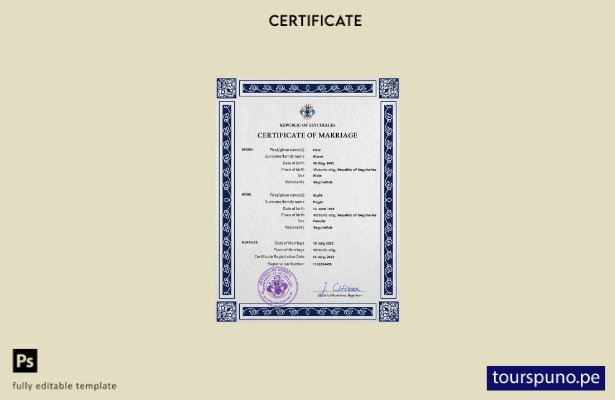 Plantilla PSD de certificado de matrimonio de Seychelles listo para imprimir